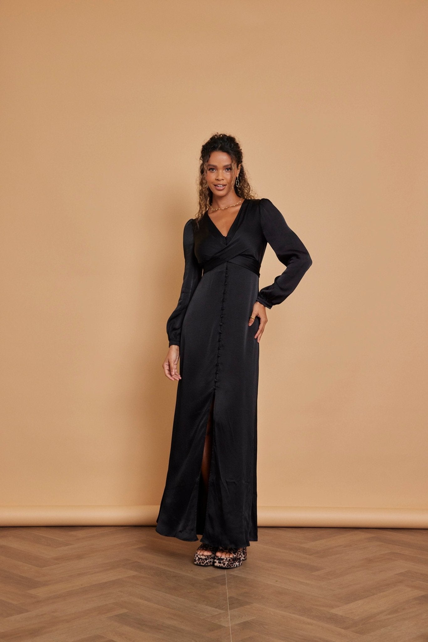 Black satin v neck dress best sale