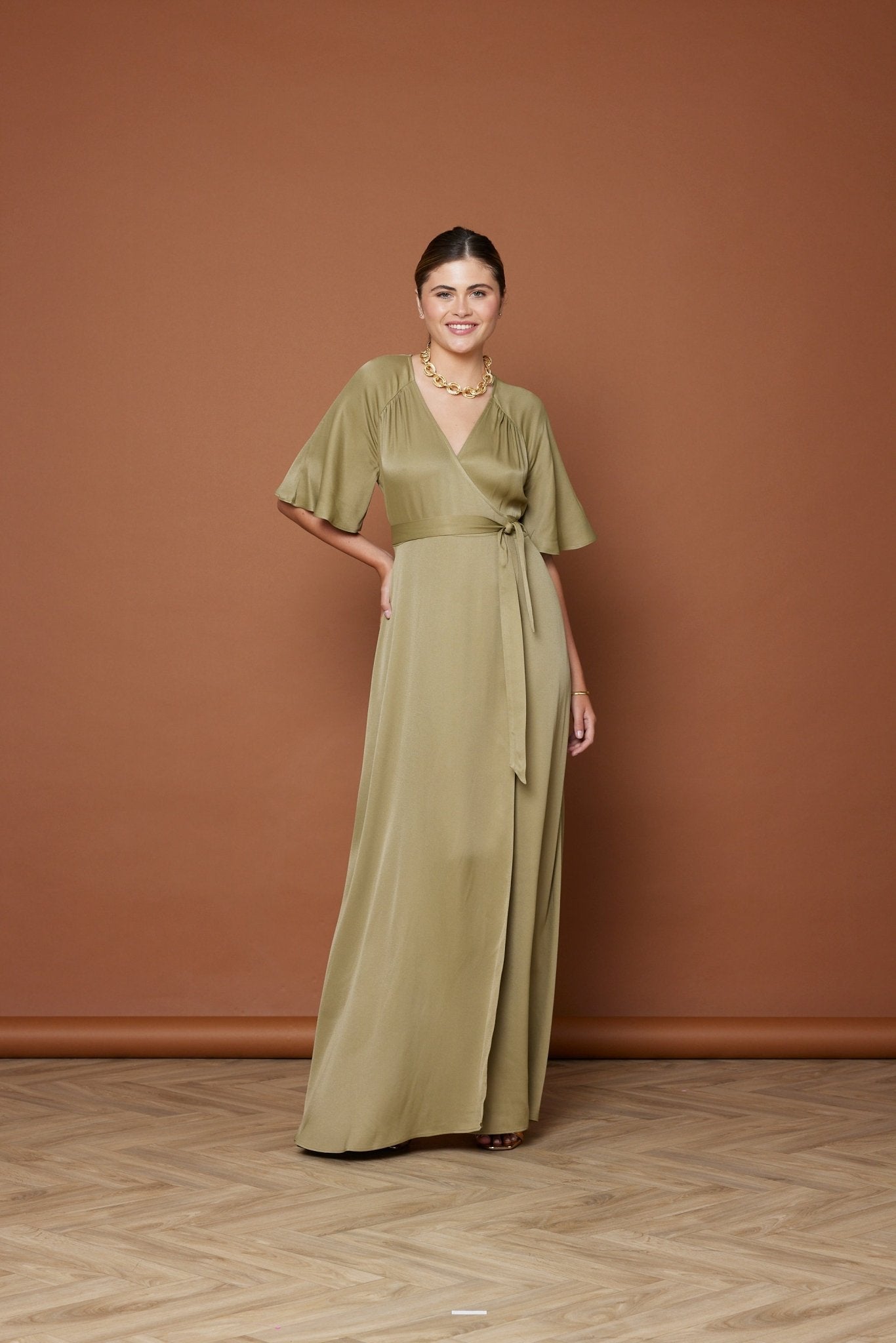 Olive green wrap hot sale maxi dress