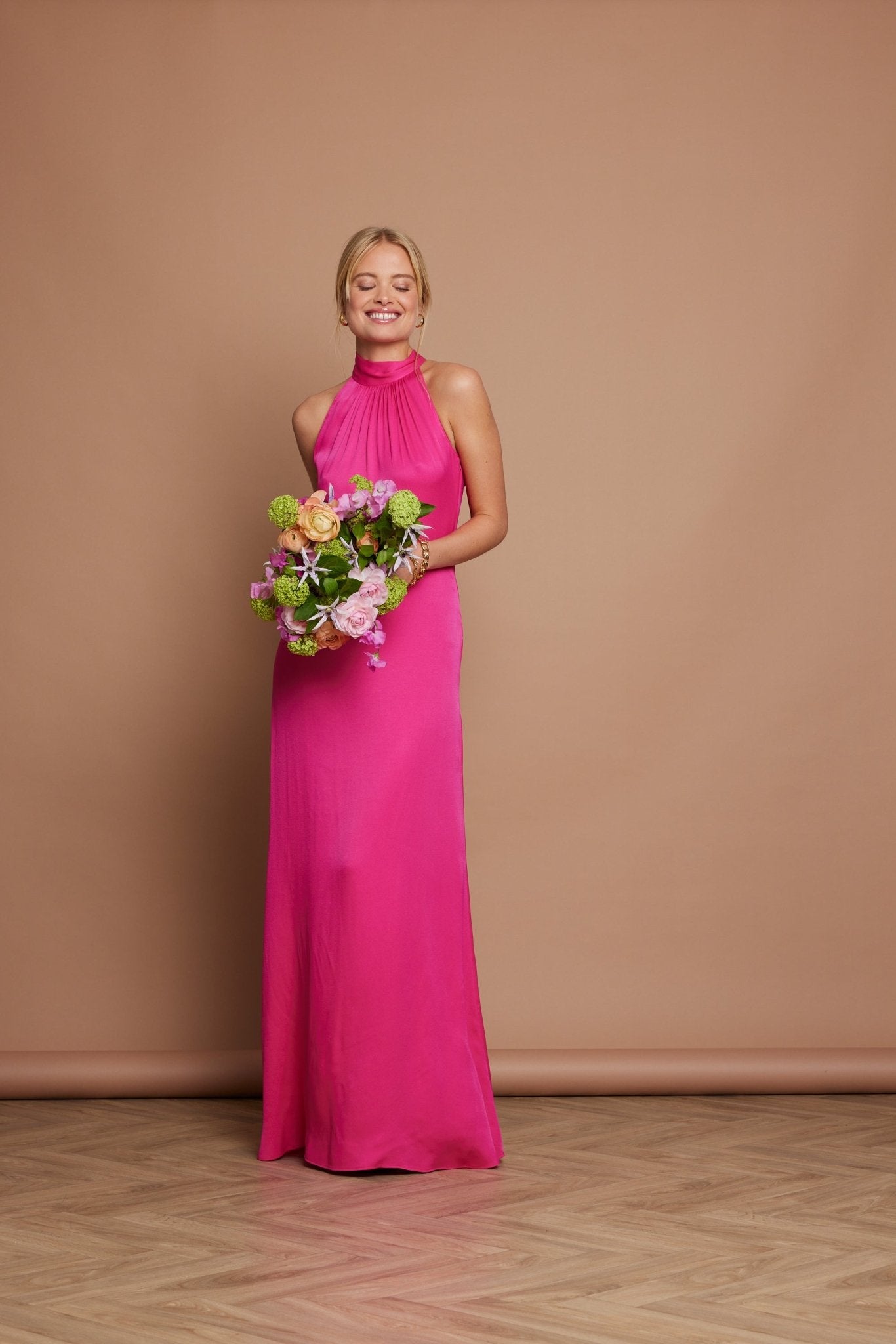 Scarf Tie High-neck Halter Midi Slip Bridesmaid Dress In Tea Rose