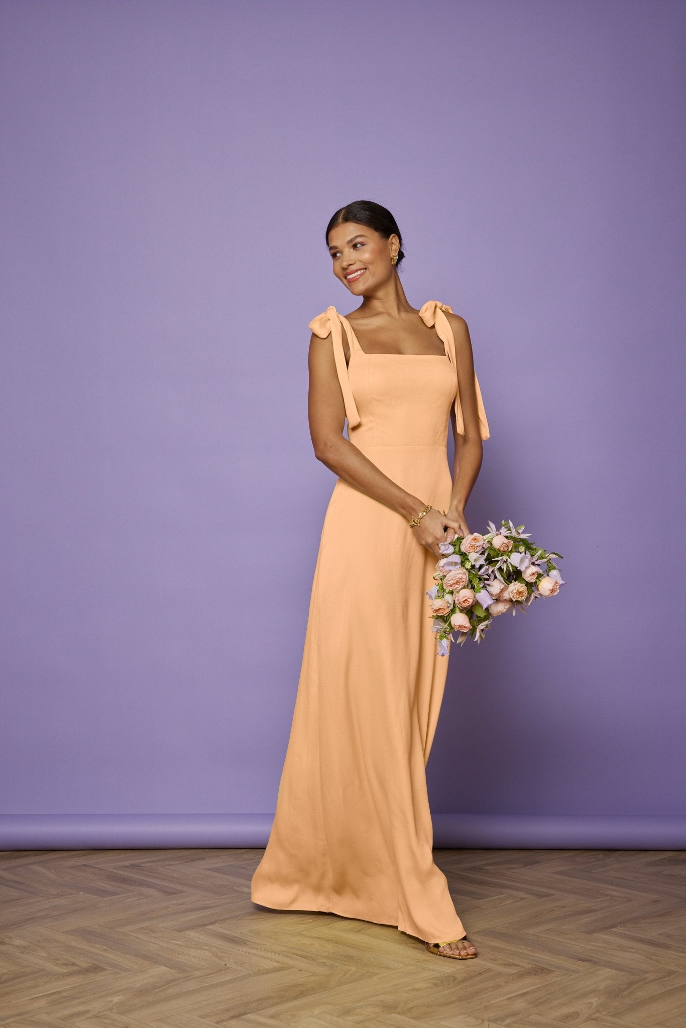 Allegra Satin Tie Shoulder Peach Bridesmaid Dress - Maids to Measure