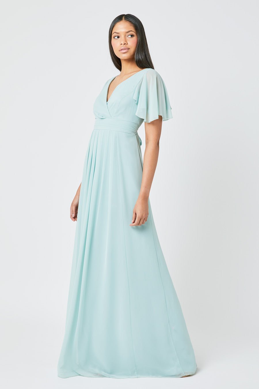 Caroline Angel Sleeve Chiffon Dress - Misty Green - Maids to Measure