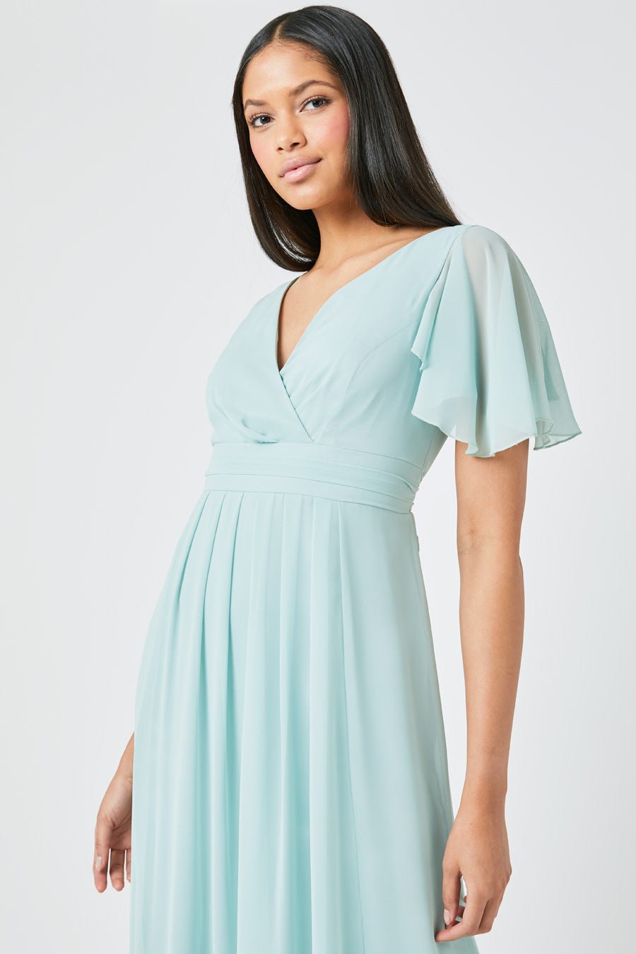 Caroline Angel Sleeve Chiffon Dress - Misty Green - Maids to Measure