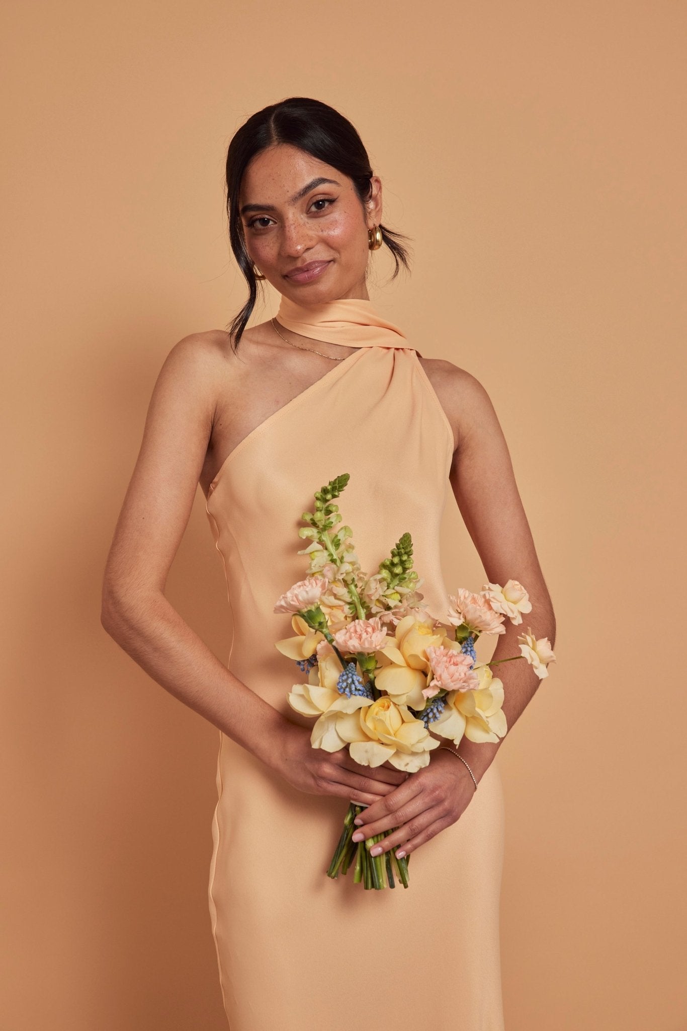 Cressida Satin Asymmetric Dress - Peach - Maids to Measure