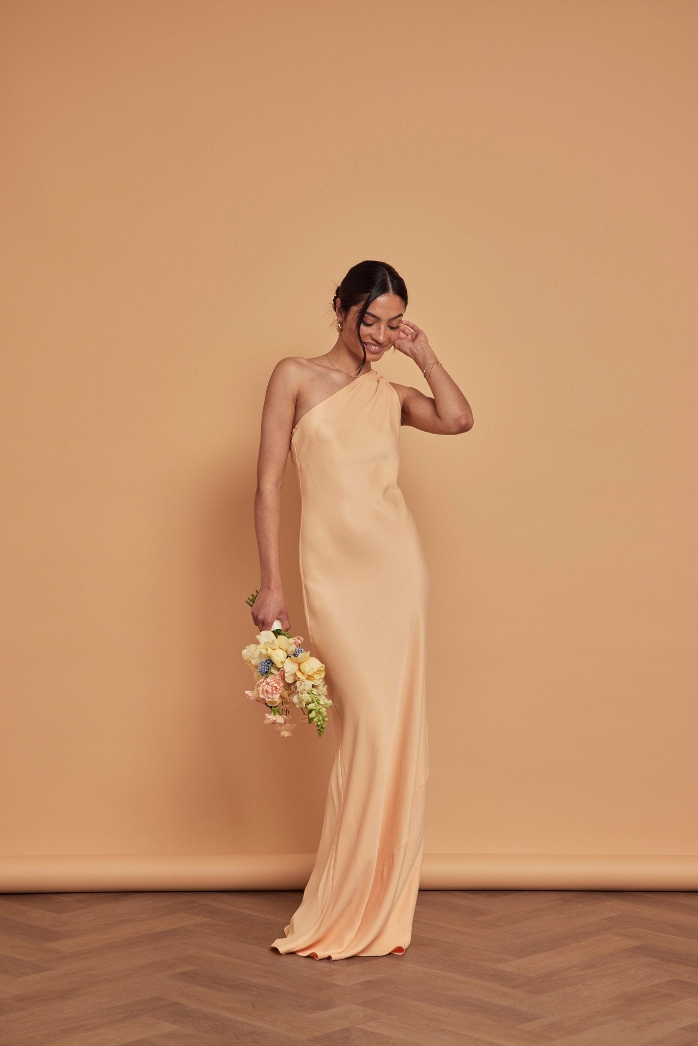 Cressida Satin Asymmetric Dress - Peach - Maids to Measure