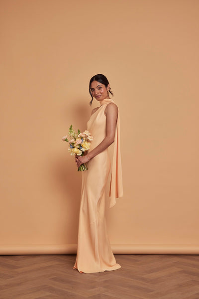 Cressida Satin Asymmetric Dress - Peach - Maids to Measure