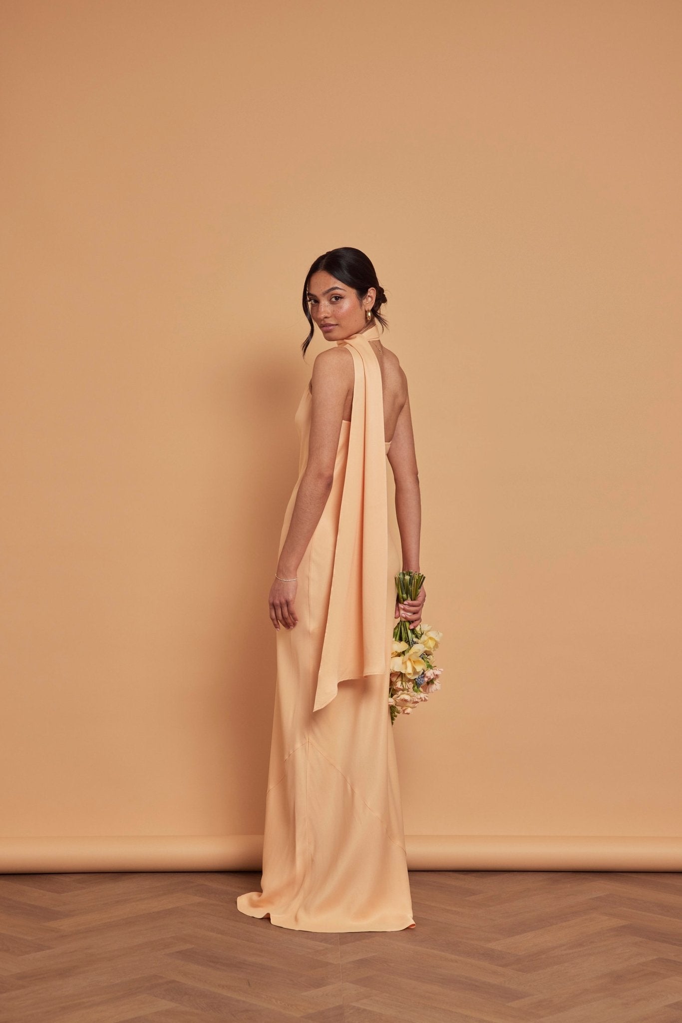 Cressida Satin Asymmetric Dress - Peach - Maids to Measure