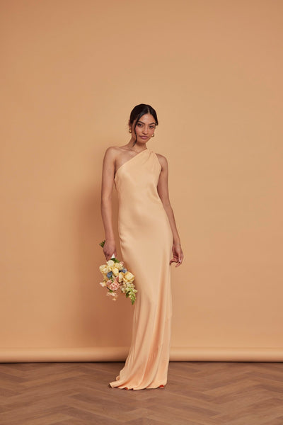 Cressida Satin Asymmetric Dress - Peach - Maids to Measure