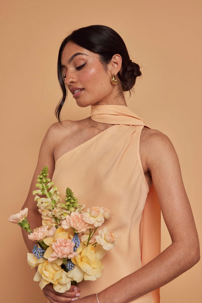 Cressida Satin Asymmetric Dress - Peach - Maids to Measure