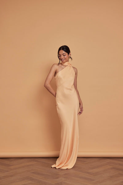 Cressida Satin Asymmetric Dress - Peach - Maids to Measure