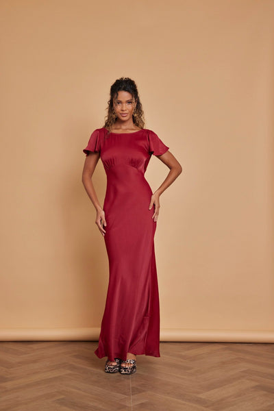 Eadie Satin Cowl Back Dress - Burgundy - Maids to Measure