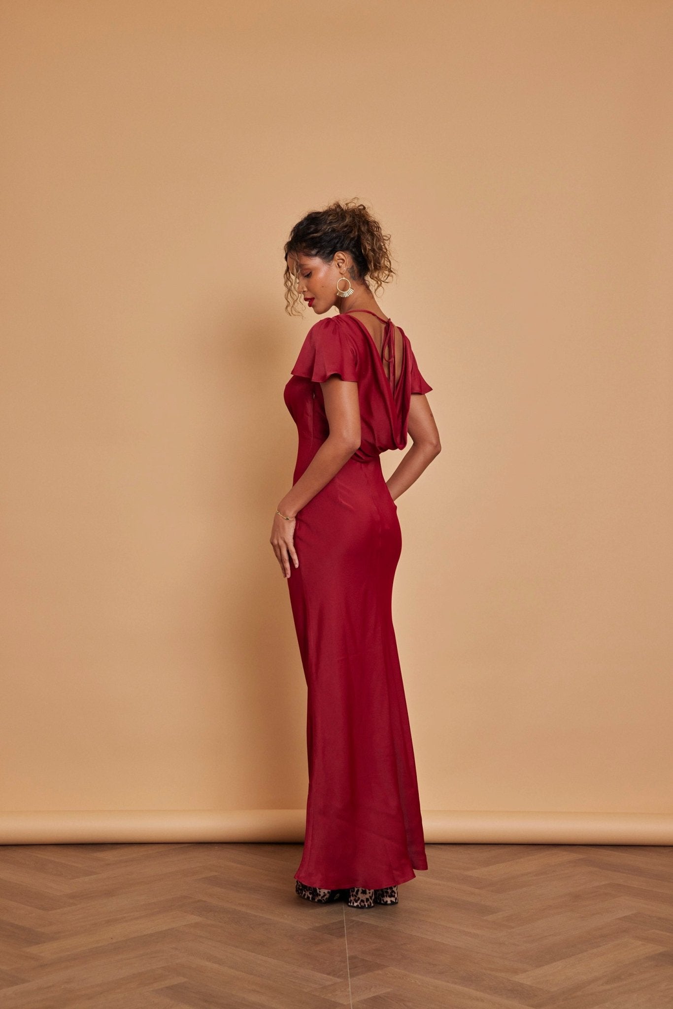 Eadie Satin Cowl Back Dress - Burgundy - Maids to Measure