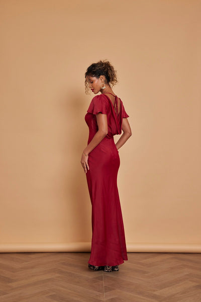 Eadie Satin Cowl Back Dress - Burgundy - Maids to Measure