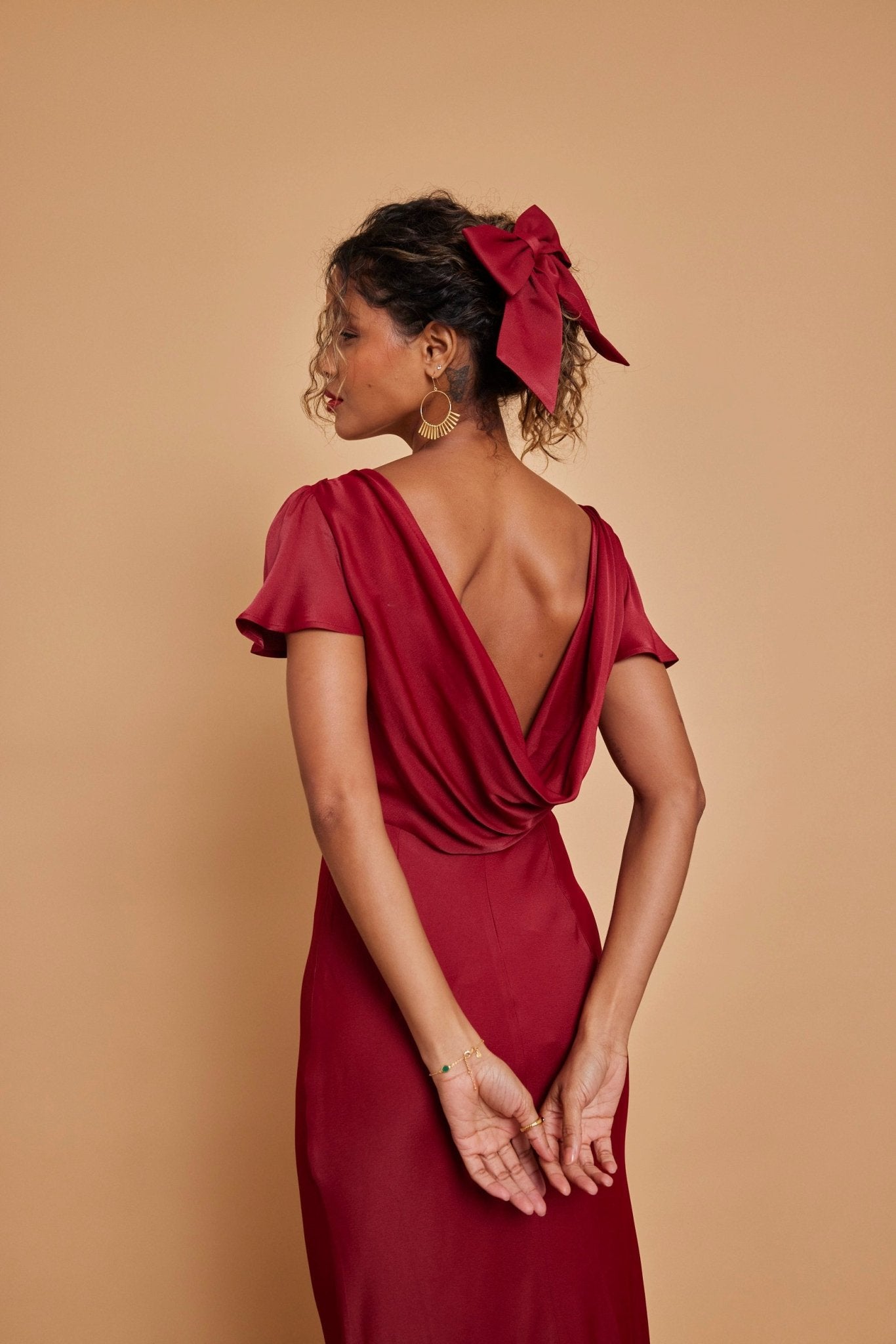 Eadie Satin Cowl Back Dress - Burgundy - Maids to Measure