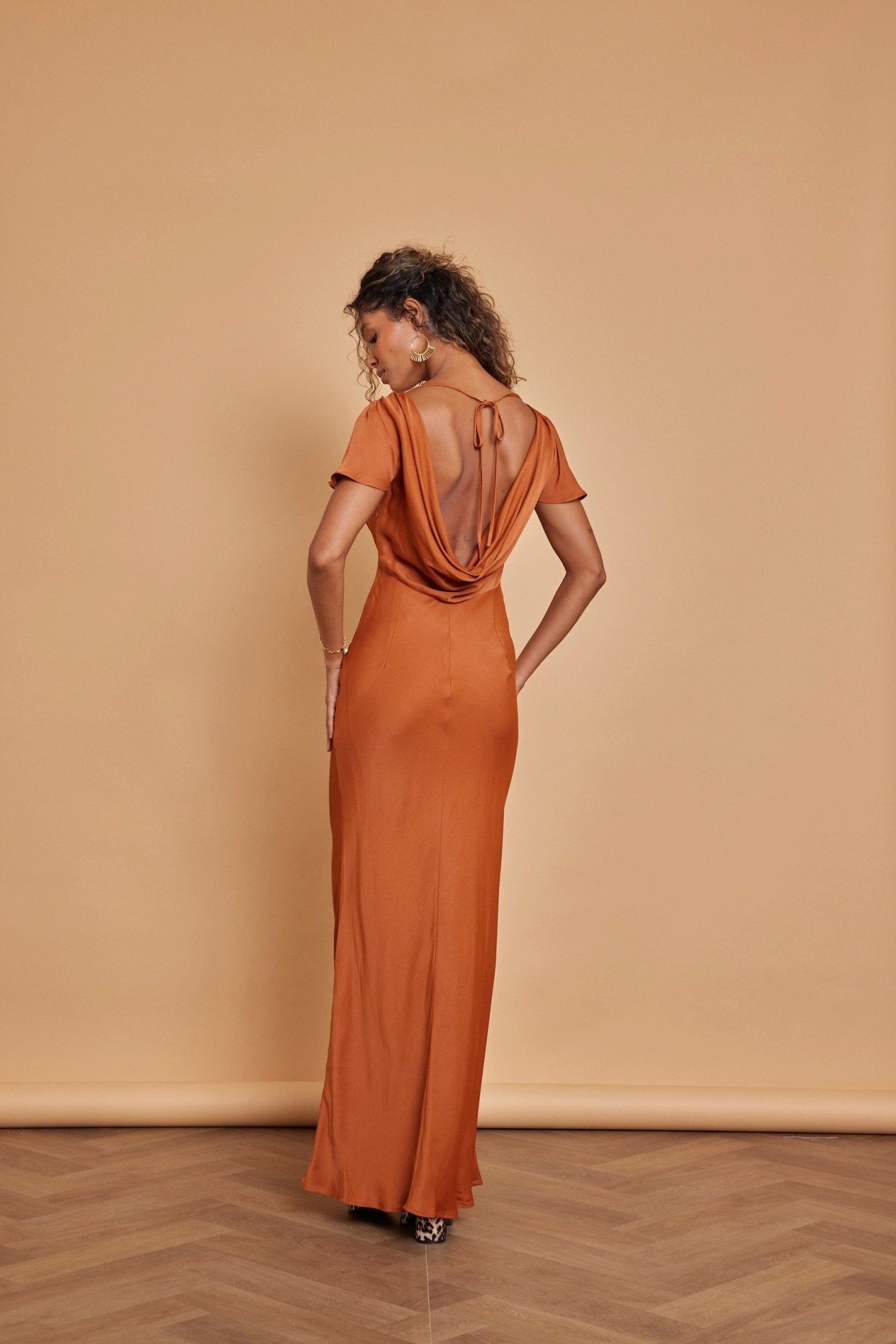 Eadie Satin Cowl Back Dress - Burnt Orange - Maids to Measure