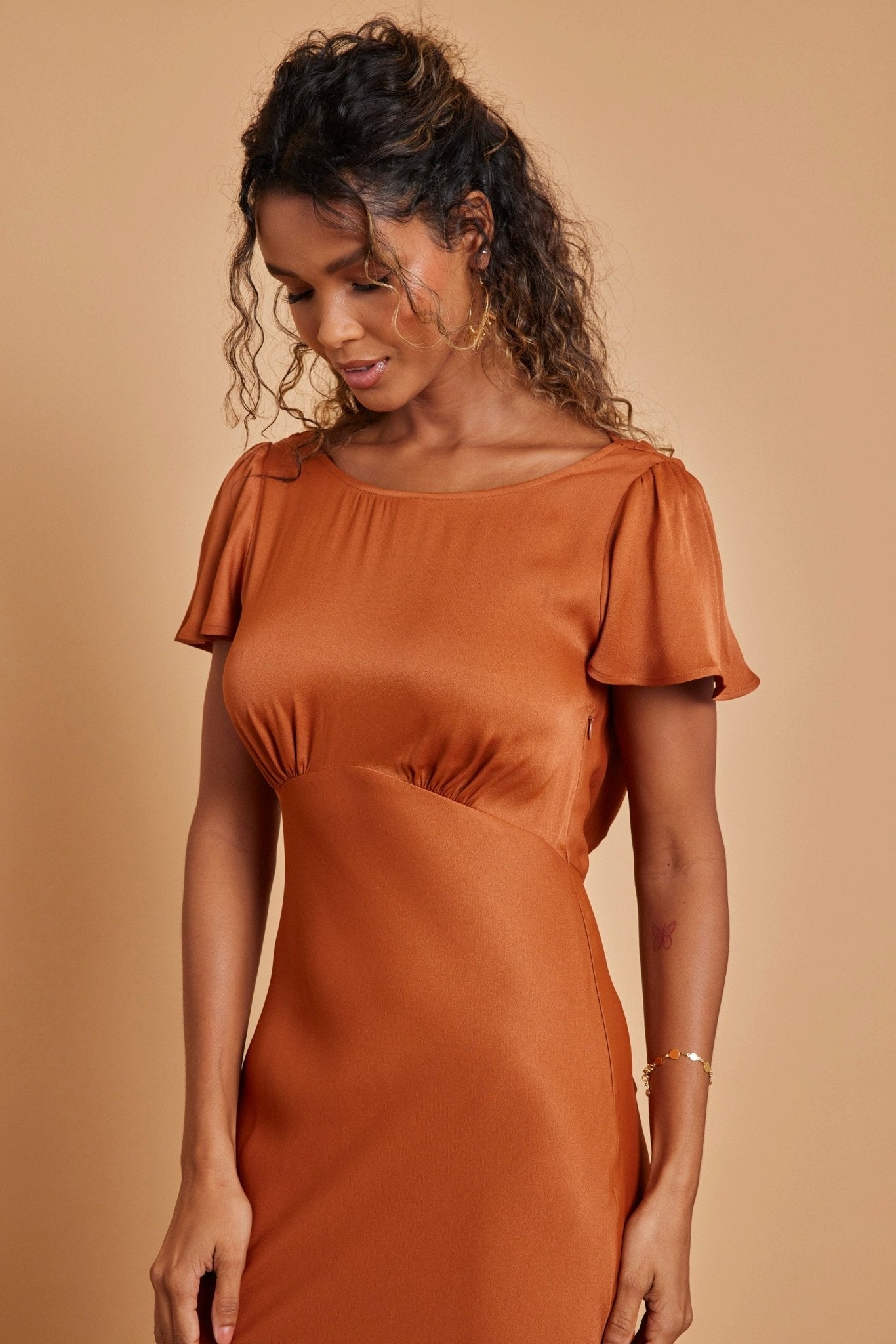 Eadie Satin Cowl Back Dress - Burnt Orange - Maids to Measure