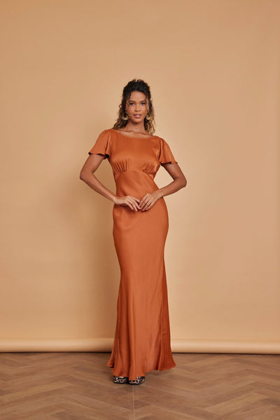 Eadie Satin Cowl Back Dress - Burnt Orange - Maids to Measure