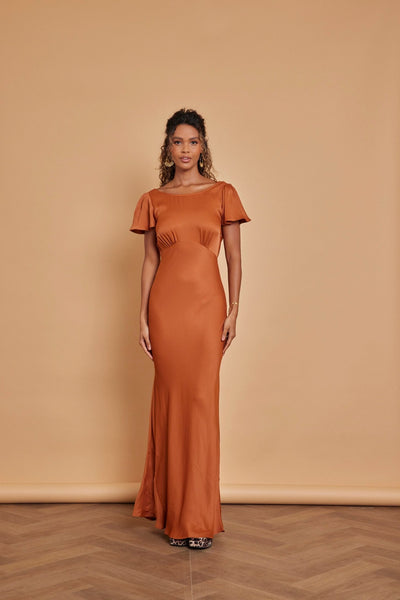 Eadie Satin Cowl Back Dress - Burnt Orange - Maids to Measure