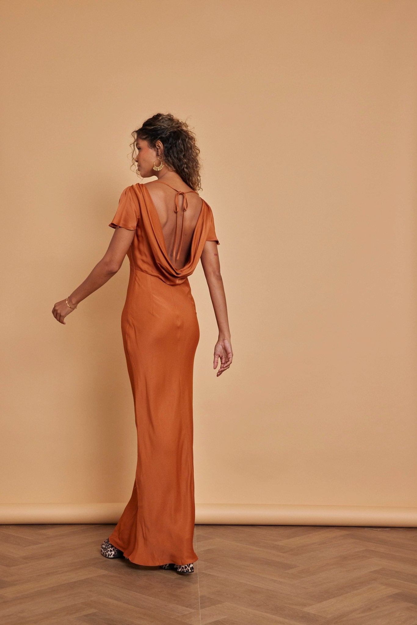 Eadie Satin Cowl Back Dress - Burnt Orange - Maids to Measure