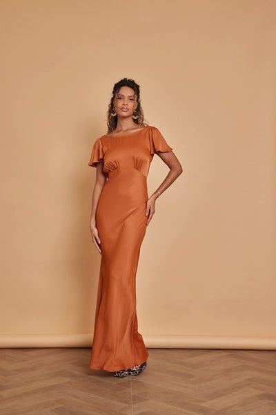 Eadie Satin Cowl Back Dress - Burnt Orange - Maids to Measure