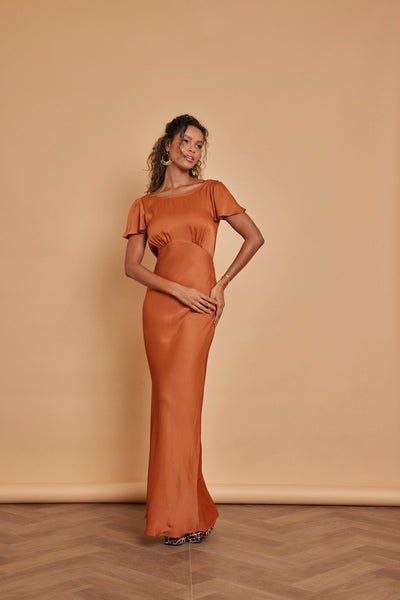 Eadie Satin Cowl Back Dress - Burnt Orange - Maids to Measure