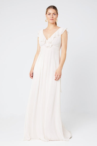 Grace V Neck Frill Chiffon Dress - Cream Soda - Maids to Measure