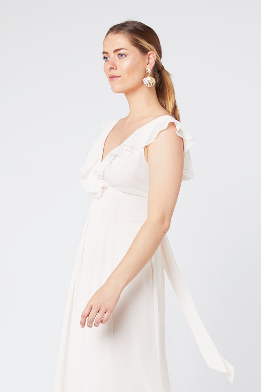 Grace V Neck Frill Chiffon Dress - Cream Soda - Maids to Measure