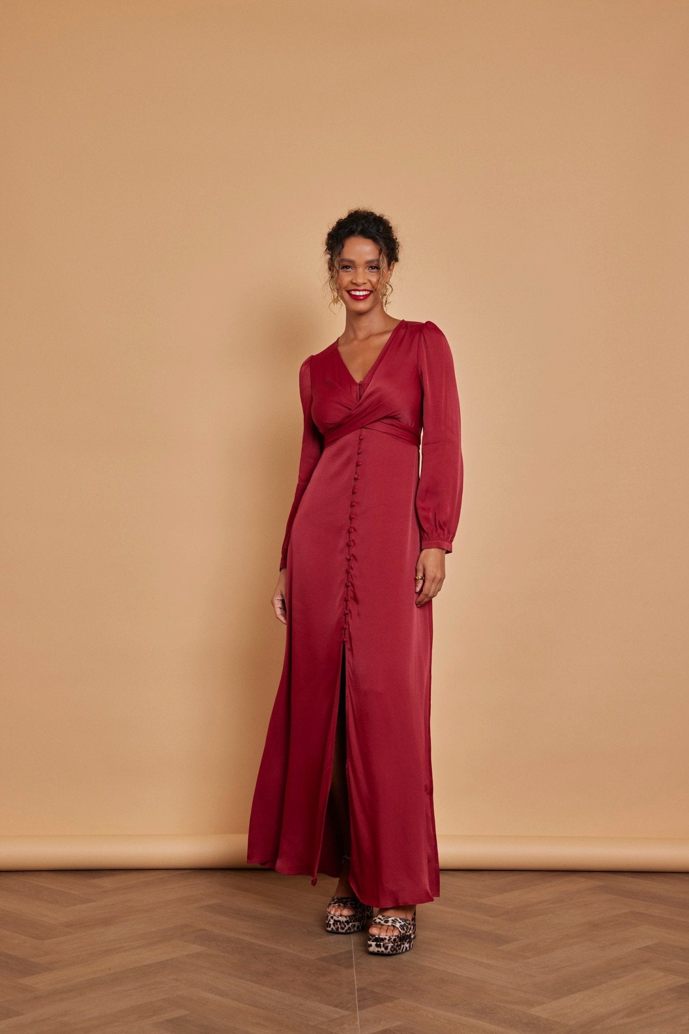 Kitty Satin V Neck Dress - Burgundy Red - Maids to Measure