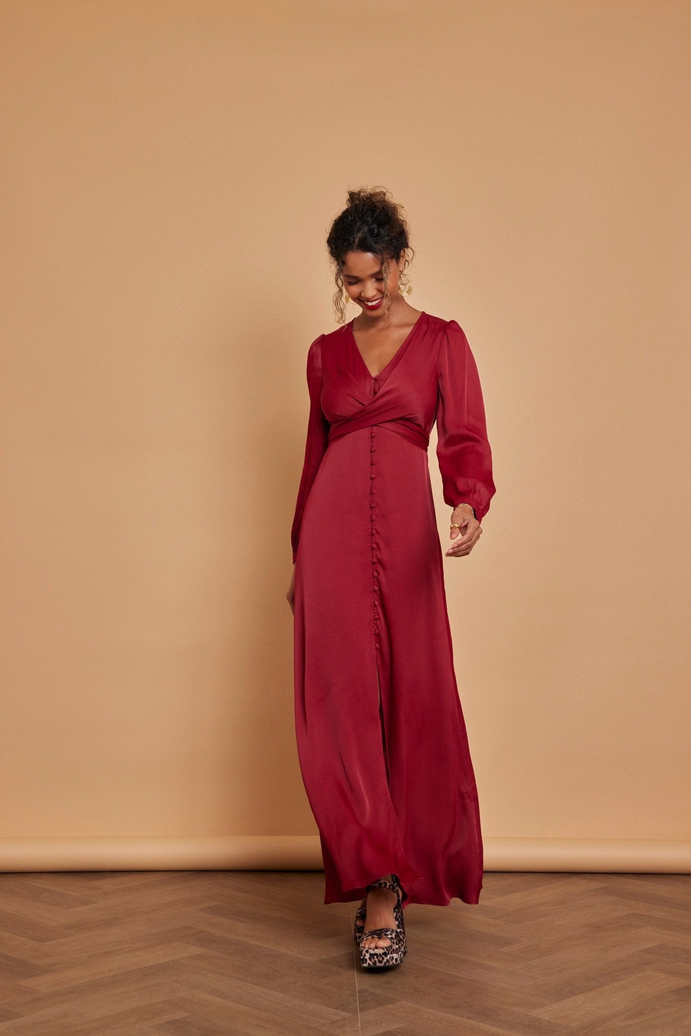 Kitty Satin V Neck Dress - Burgundy Red - Maids to Measure