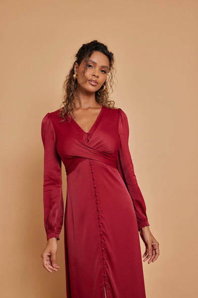 Kitty Satin V Neck Dress - Burgundy Red - Maids to Measure