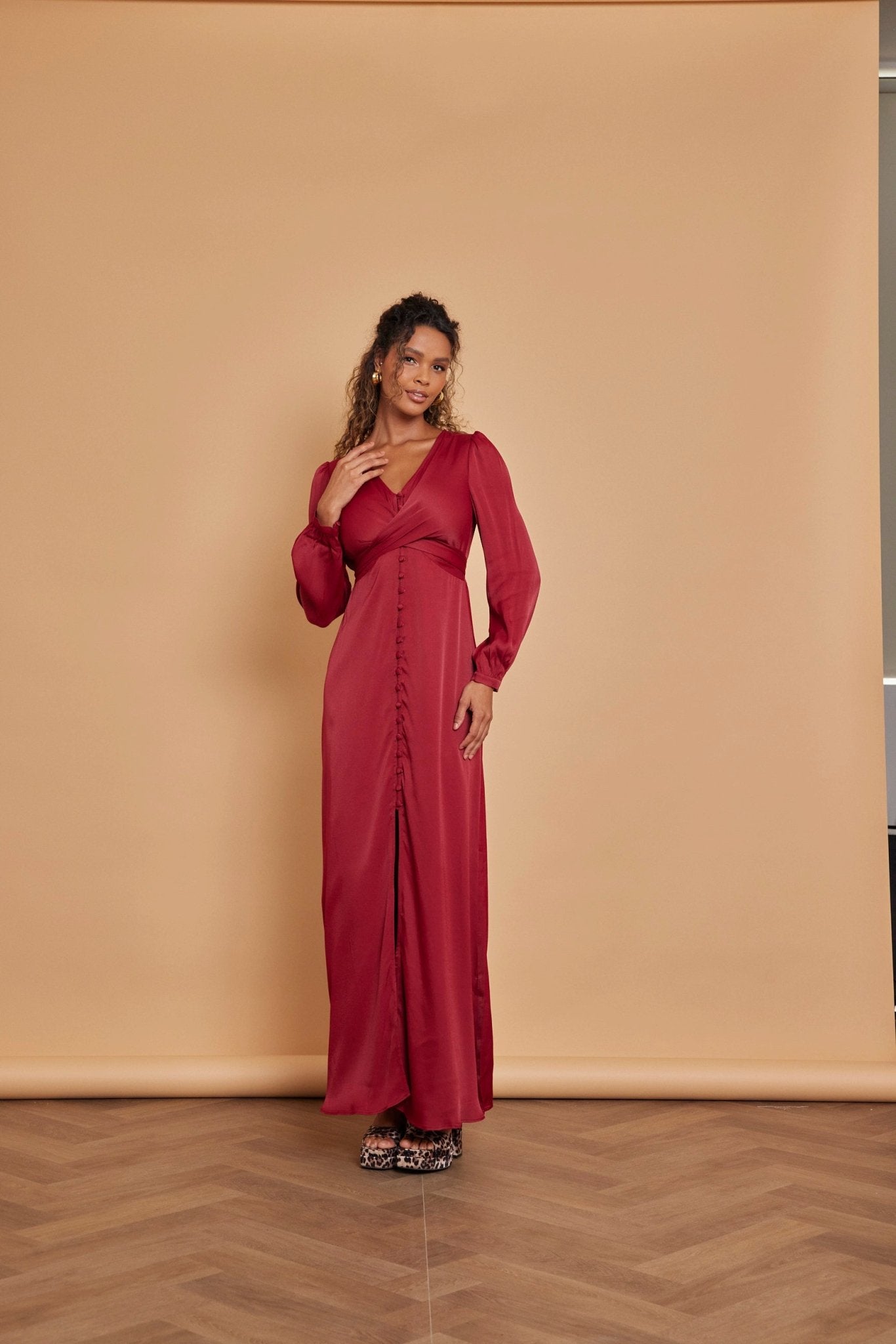 Kitty Satin V Neck Dress - Burgundy Red - Maids to Measure