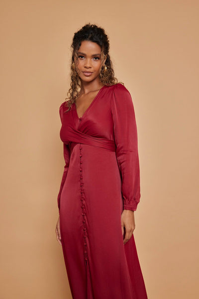 Kitty Satin V Neck Dress - Burgundy Red - Maids to Measure