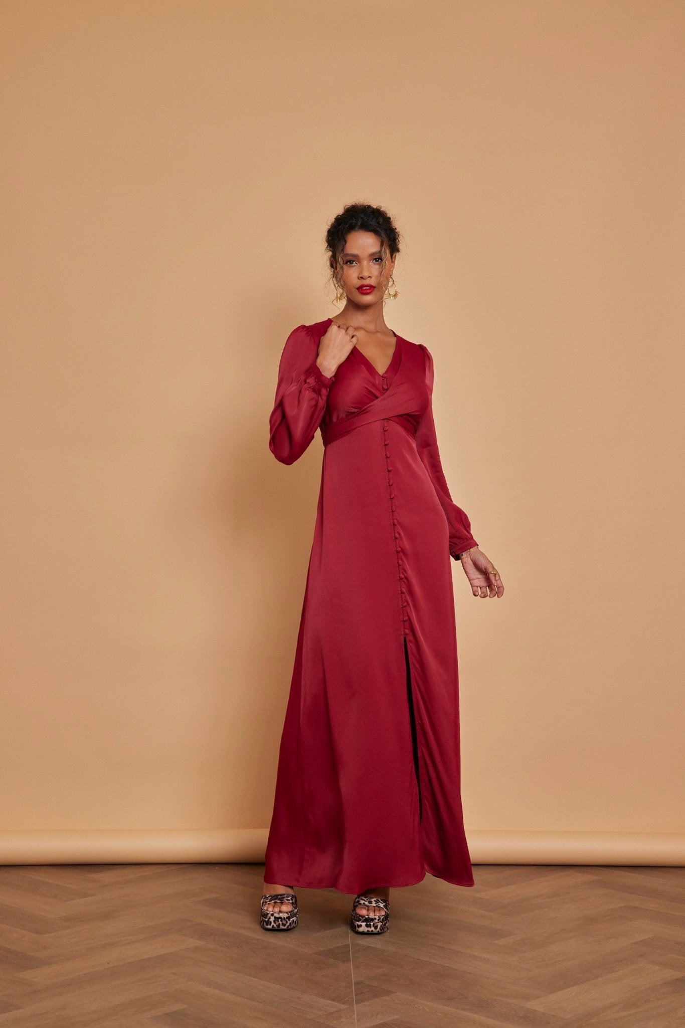 Kitty Satin V Neck Dress - Burgundy Red - Maids to Measure