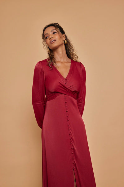 Kitty Satin V Neck Dress - Burgundy Red - Maids to Measure