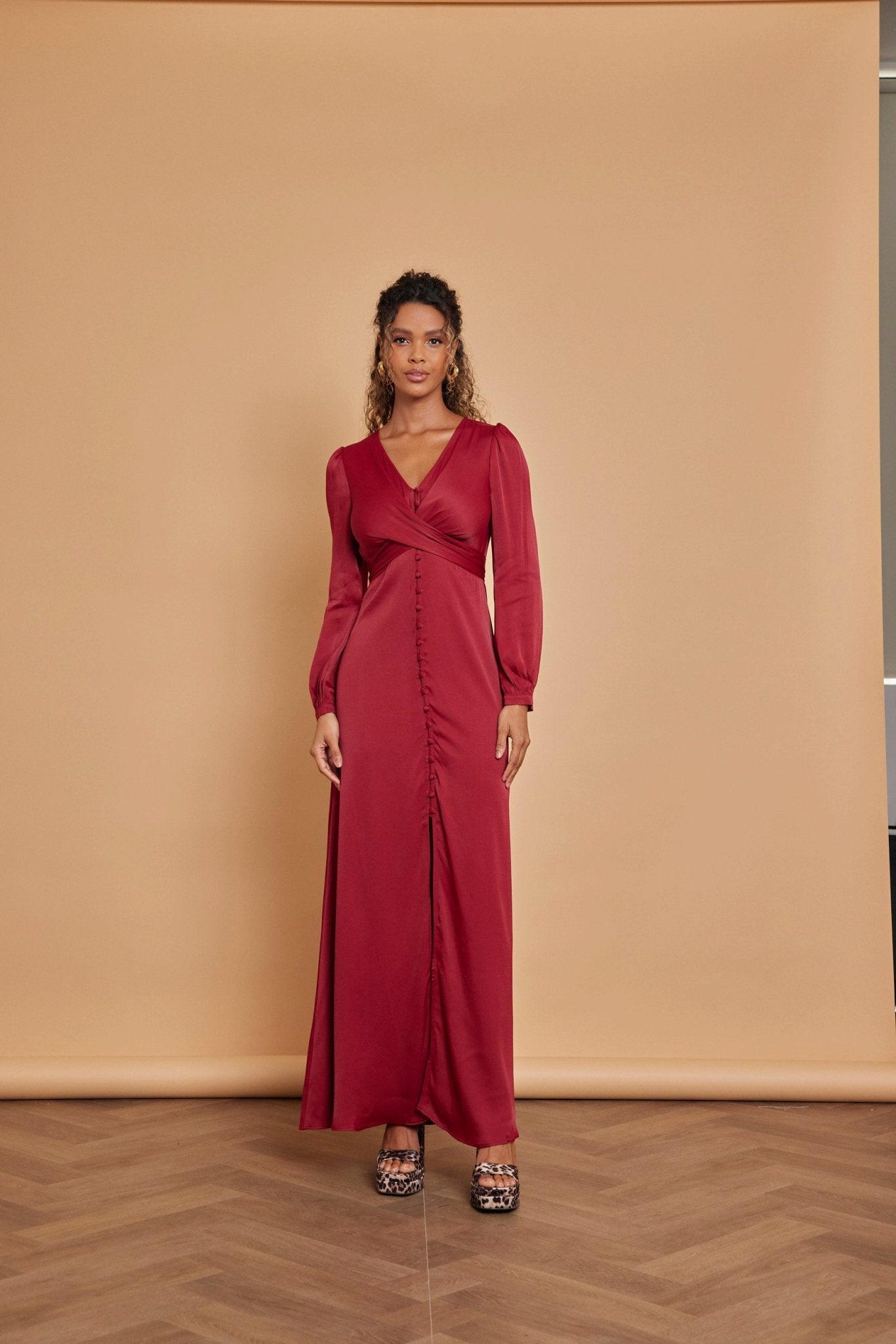 Kitty Satin V Neck Dress - Burgundy Red - Maids to Measure