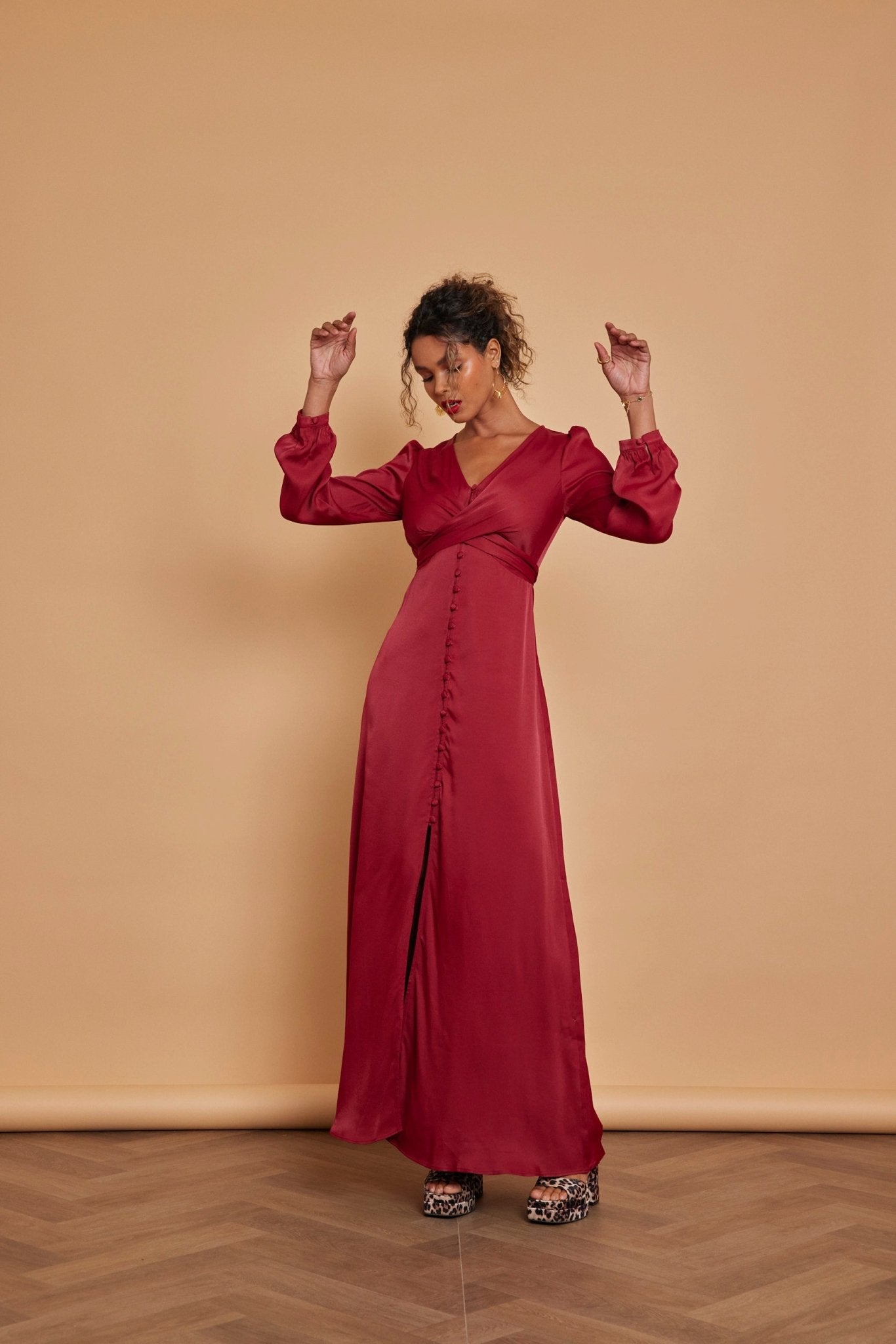 Kitty Satin V Neck Dress - Burgundy Red - Maids to Measure