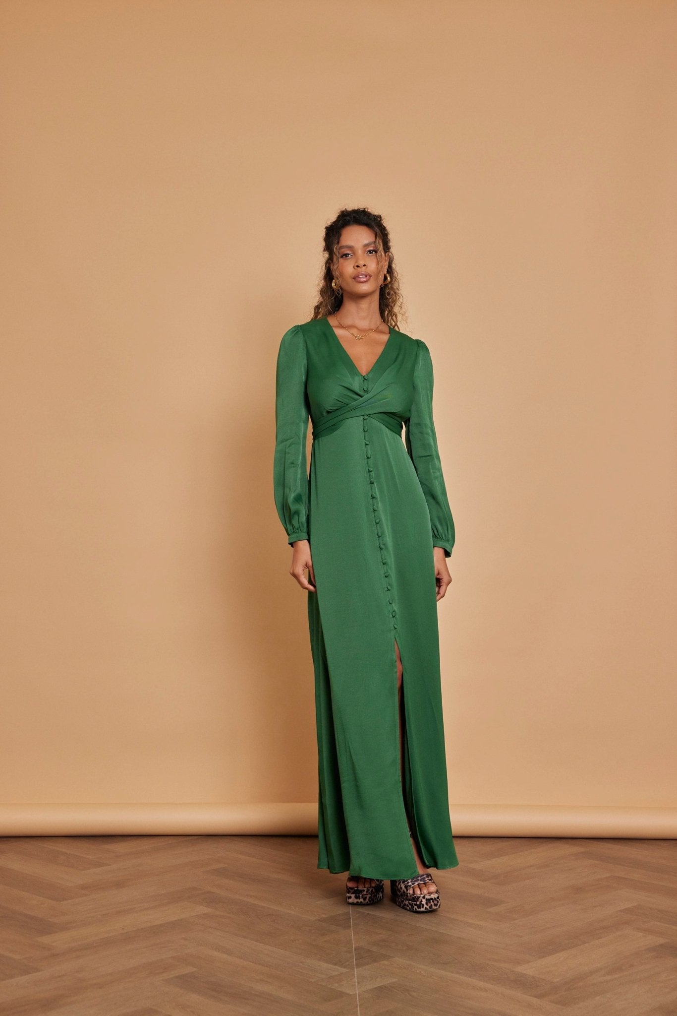 Kitty Satin V Neck Dress - Emerald Green - Maids to Measure