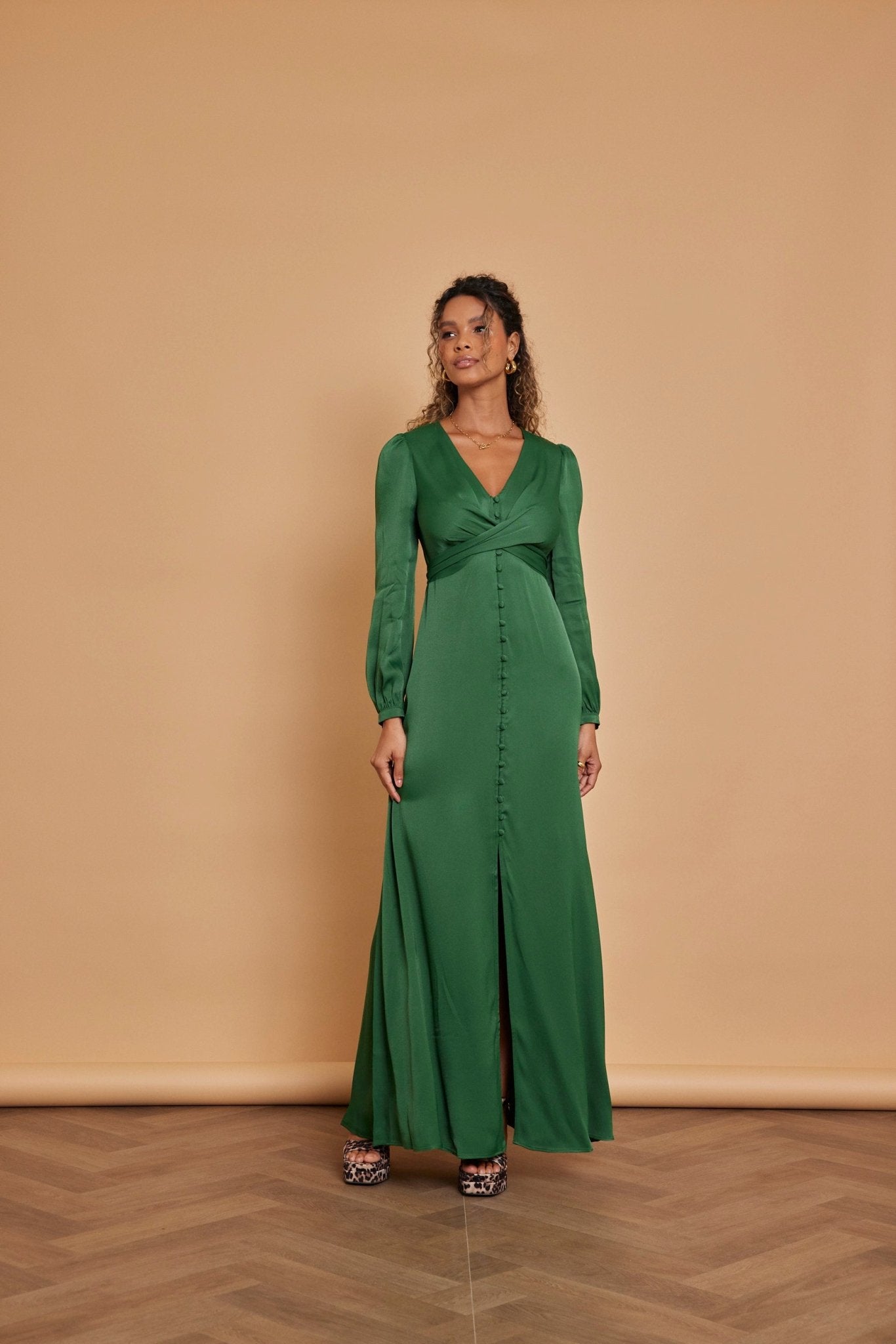 Kitty Satin V Neck Dress - Emerald Green - Maids to Measure