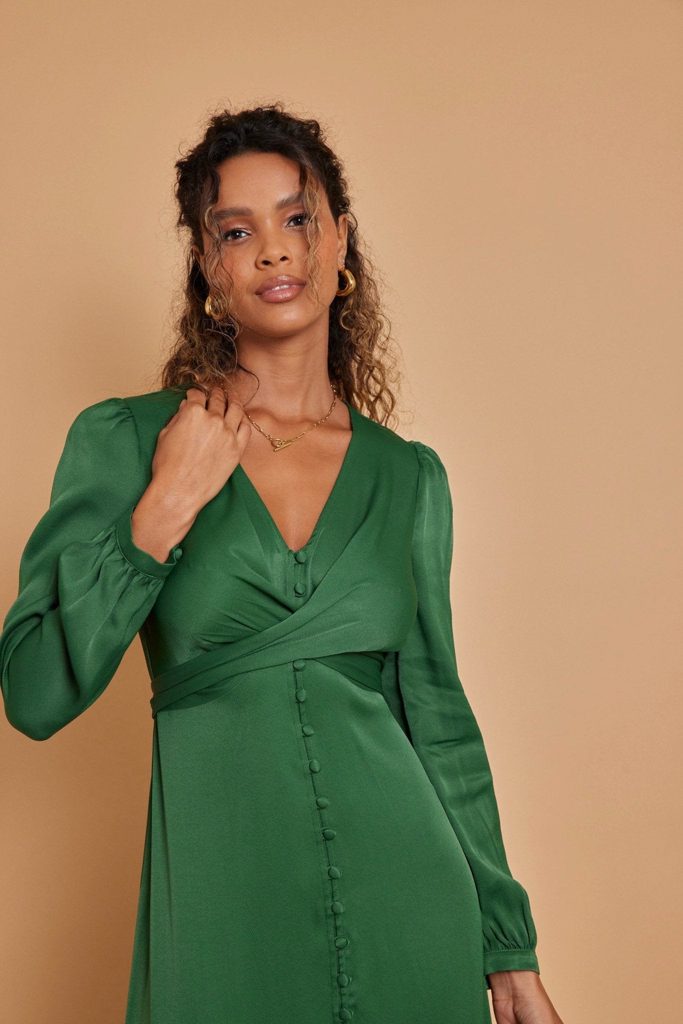 Kitty Satin V Neck Dress - Emerald Green - Maids to Measure