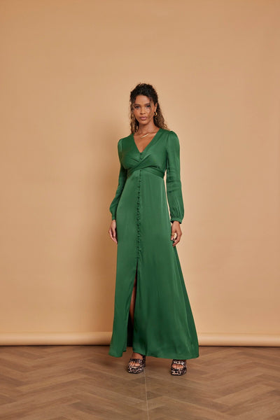 Kitty Satin V Neck Dress - Emerald Green - Maids to Measure