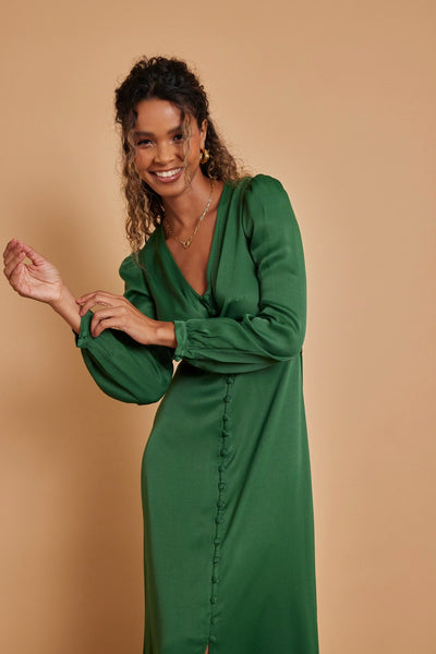 Kitty Satin V Neck Dress - Emerald Green - Maids to Measure