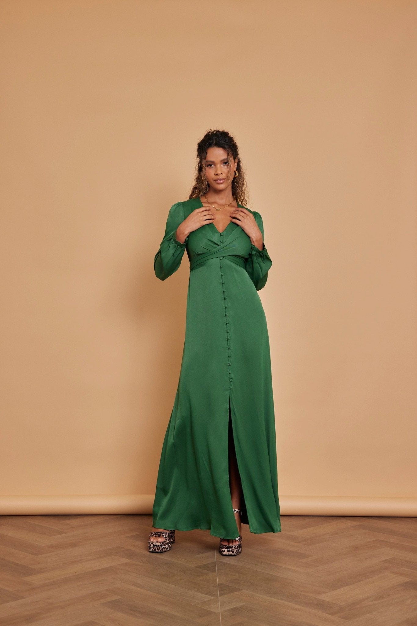 Kitty Satin V Neck Dress - Emerald Green - Maids to Measure