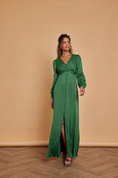 Kitty Satin V Neck Dress - Emerald Green - Maids to Measure