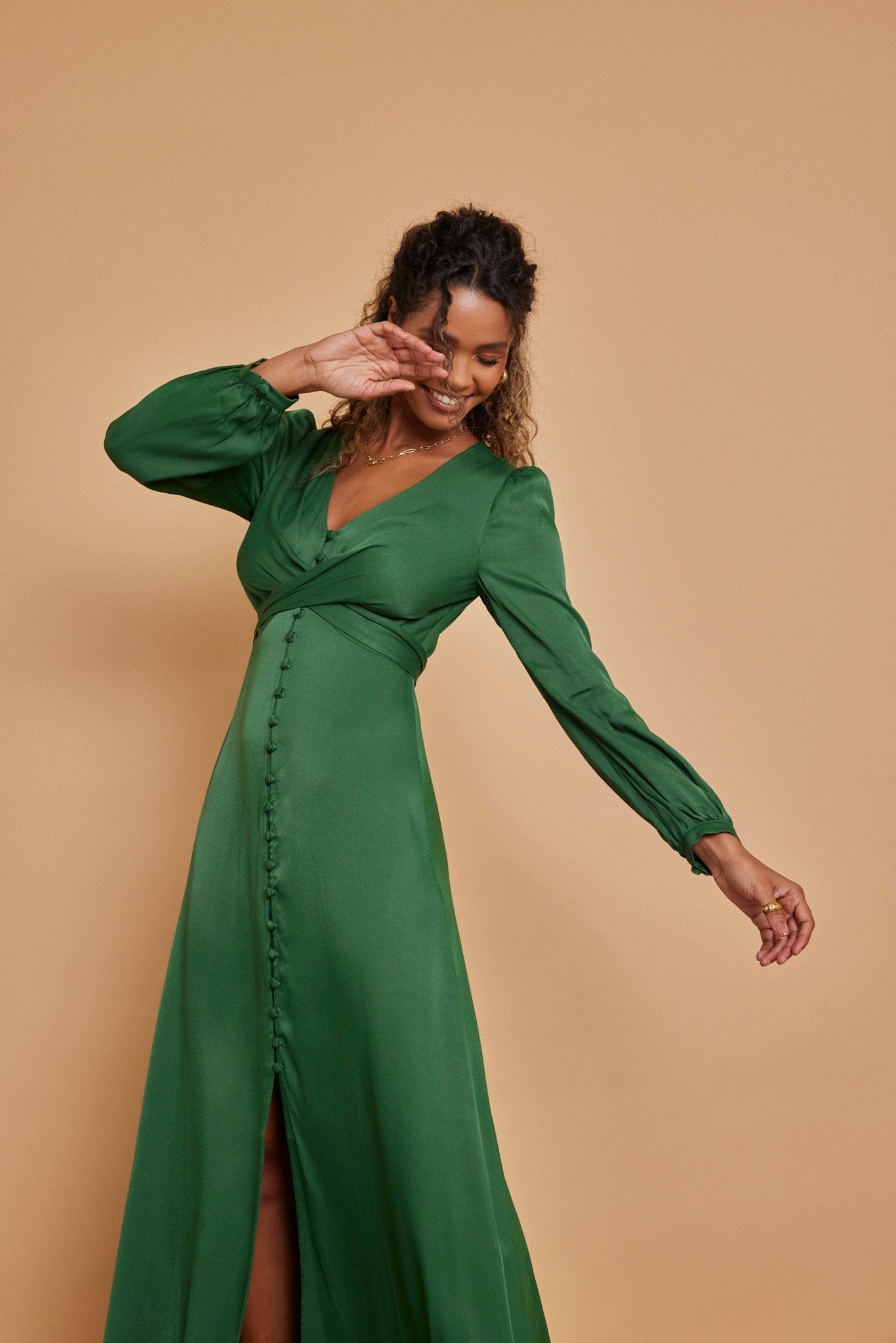 Kitty Satin V Neck Dress - Emerald Green - Maids to Measure