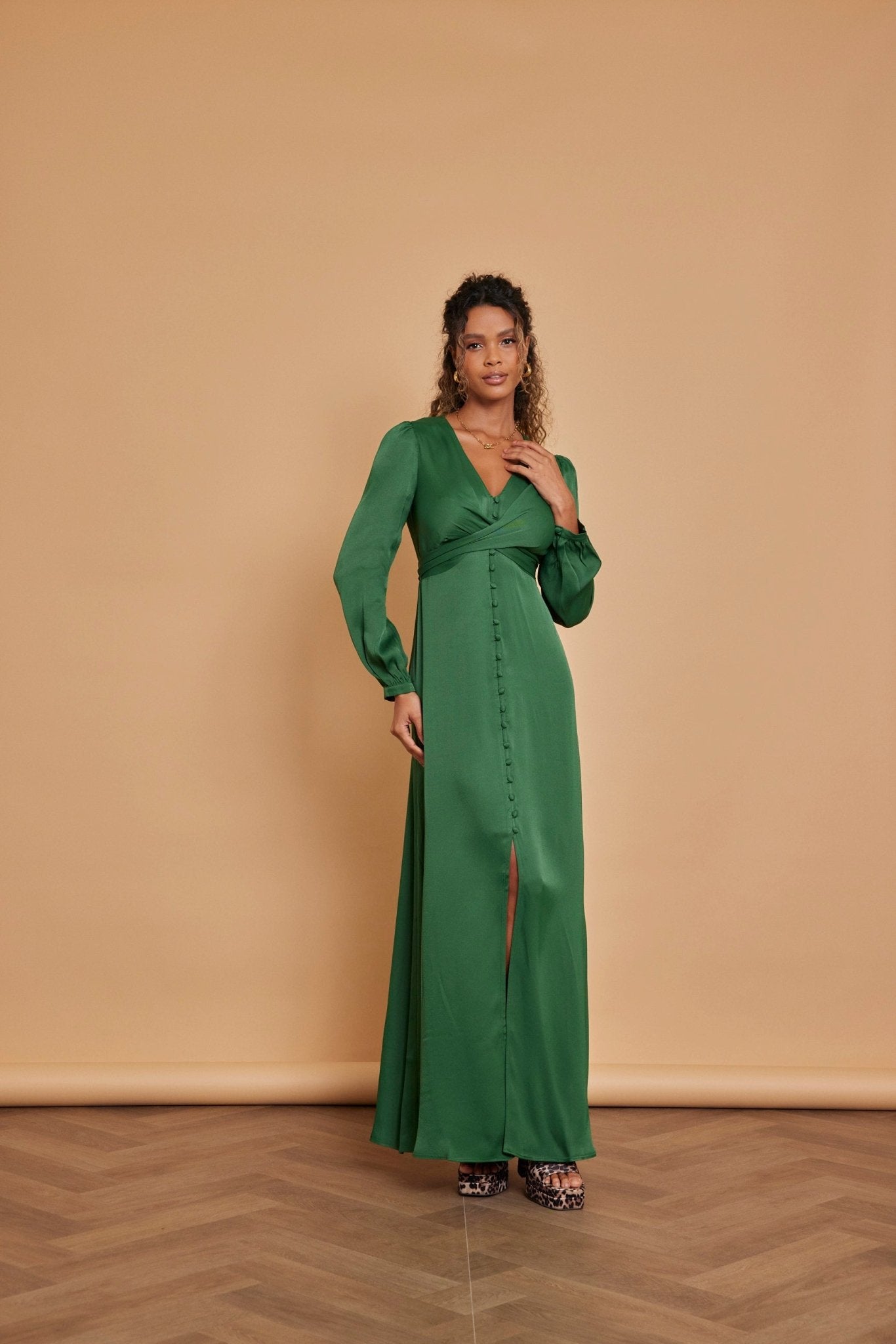 Kitty Satin V Neck Dress - Emerald Green - Maids to Measure