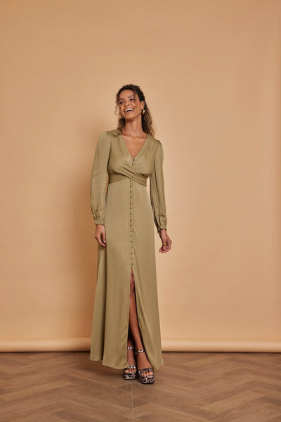 Kitty Satin V Neck Dress - Olive Green - Maids to Measure