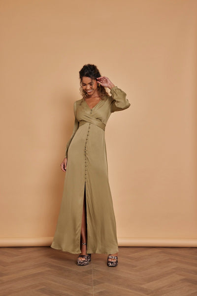 Kitty Satin V Neck Dress - Olive Green - Maids to Measure