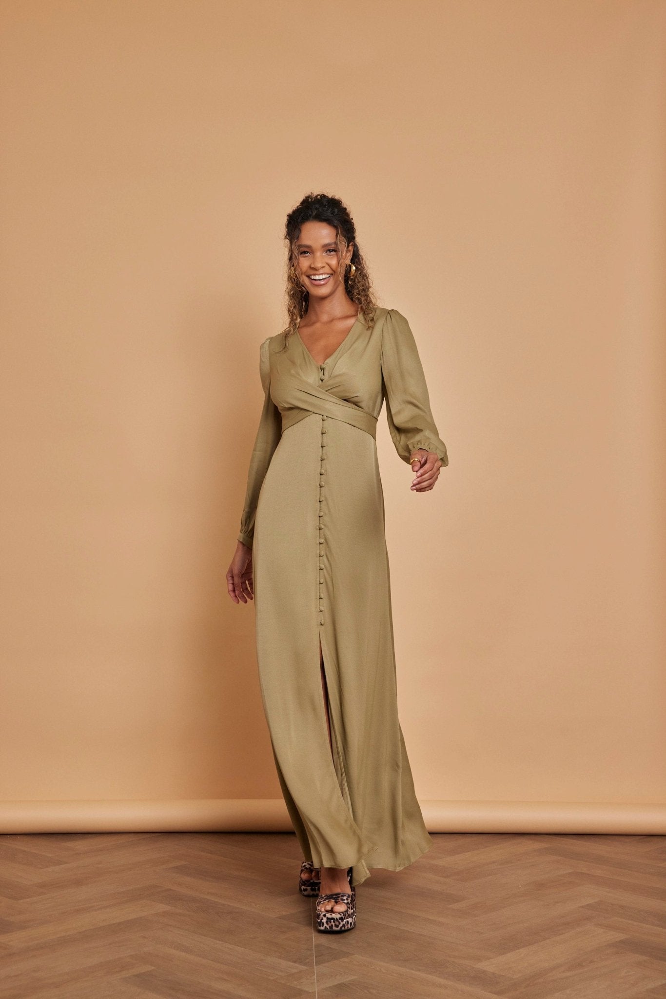 Kitty Satin V Neck Dress - Olive Green - Maids to Measure