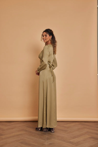 Kitty Satin V Neck Dress - Olive Green - Maids to Measure