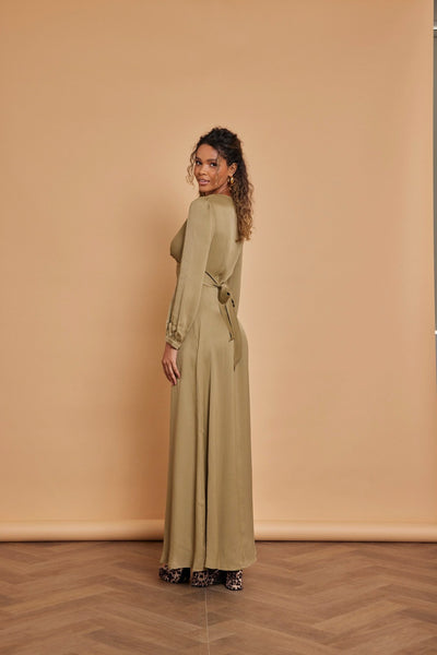 Kitty Satin V Neck Dress - Olive Green - Maids to Measure