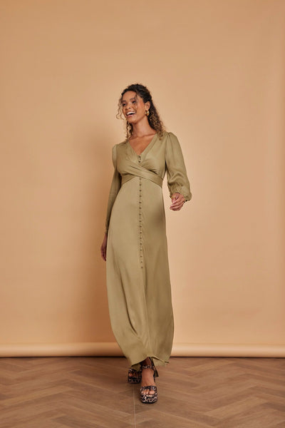 Kitty Satin V Neck Dress - Olive Green - Maids to Measure